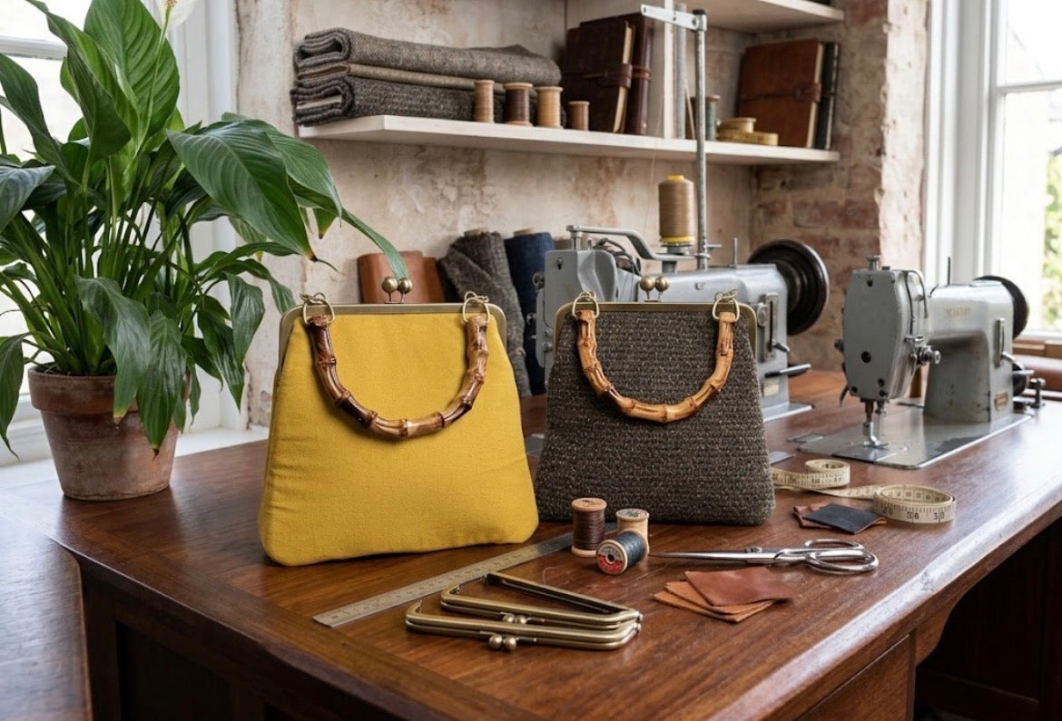 ZENZERO – Borsa clic clac double-face in lana con manico in bambù